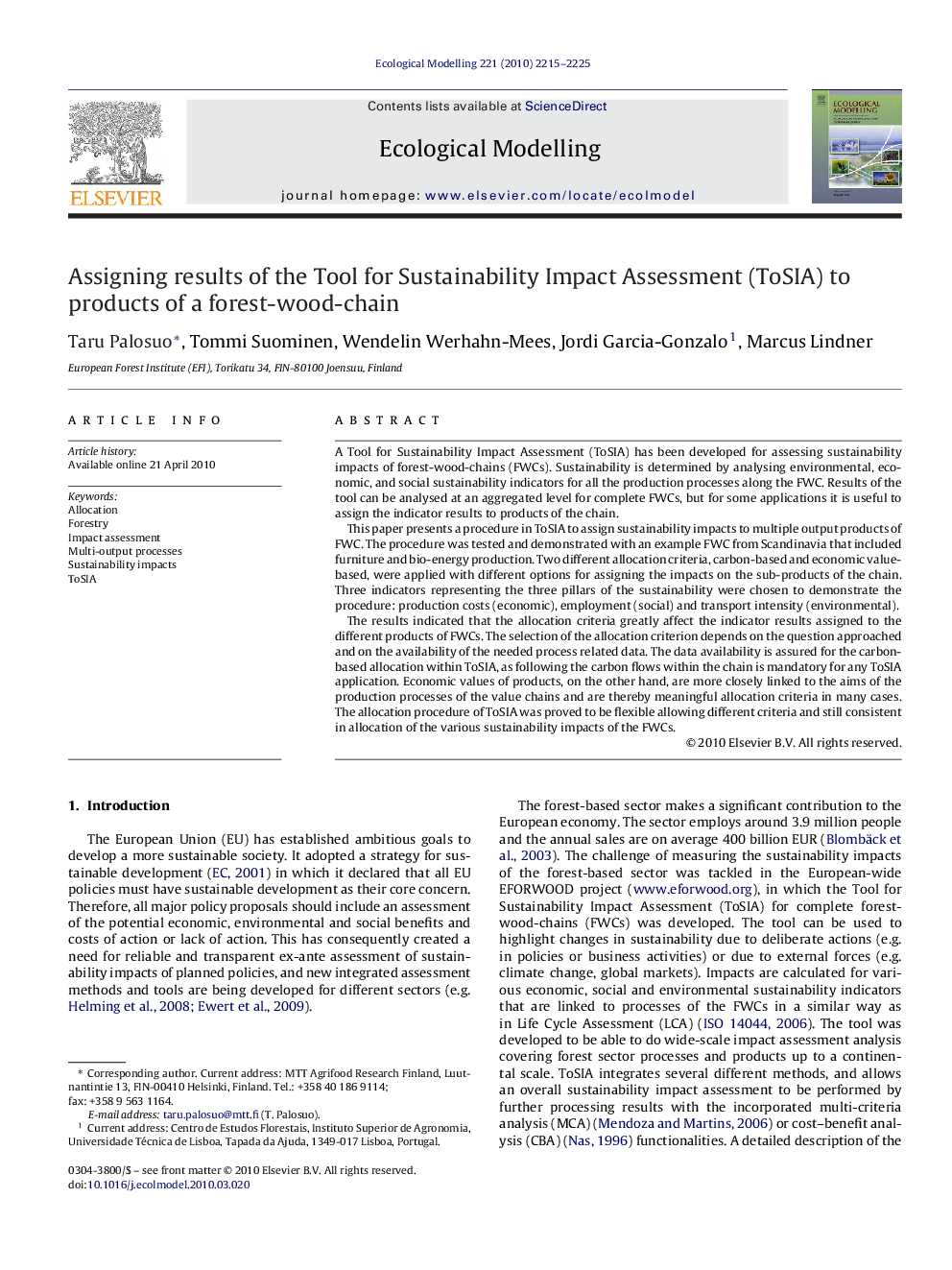 Assigning results of the Tool for Sustainability Impact Assessment (ToSIA) to products of a forest-wood-chain