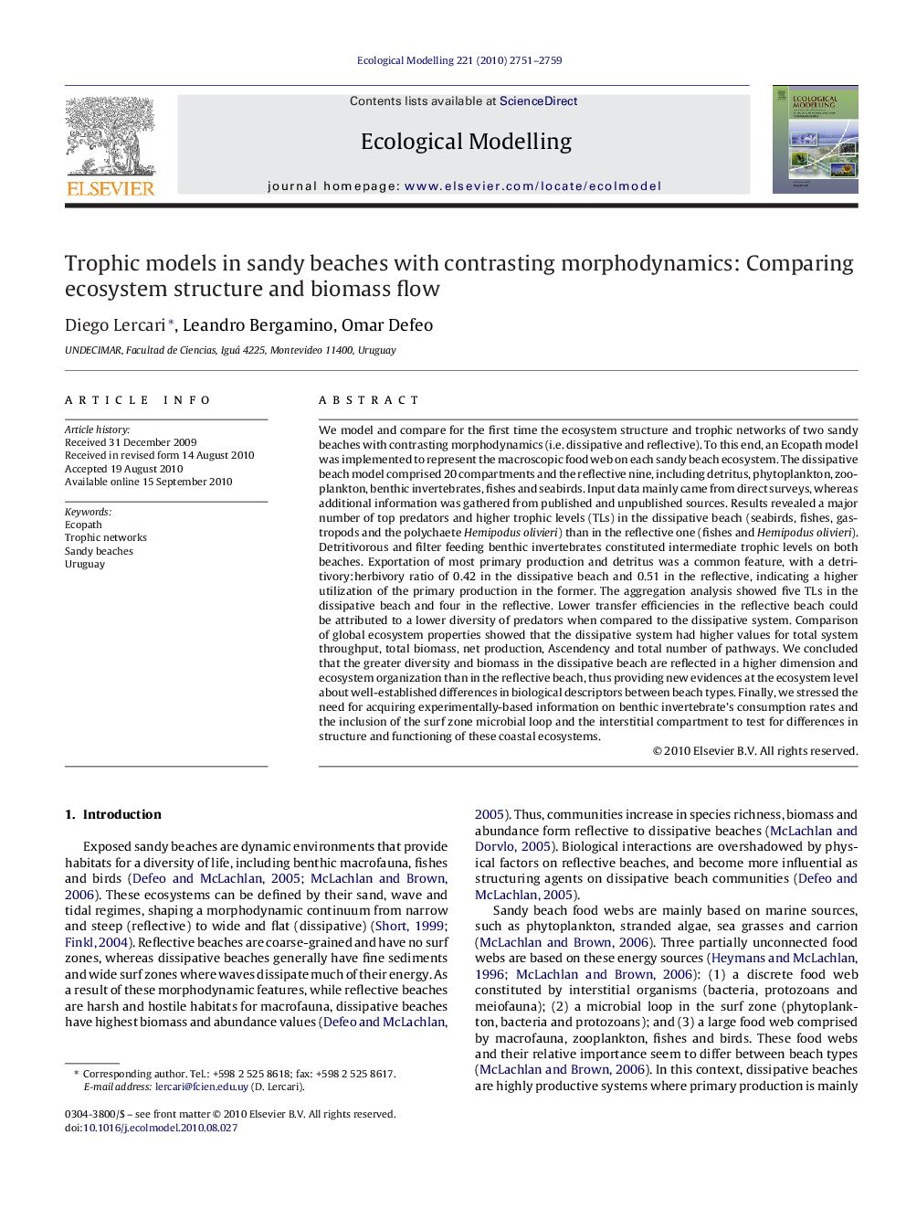 Trophic models in sandy beaches with contrasting morphodynamics: Comparing ecosystem structure and biomass flow