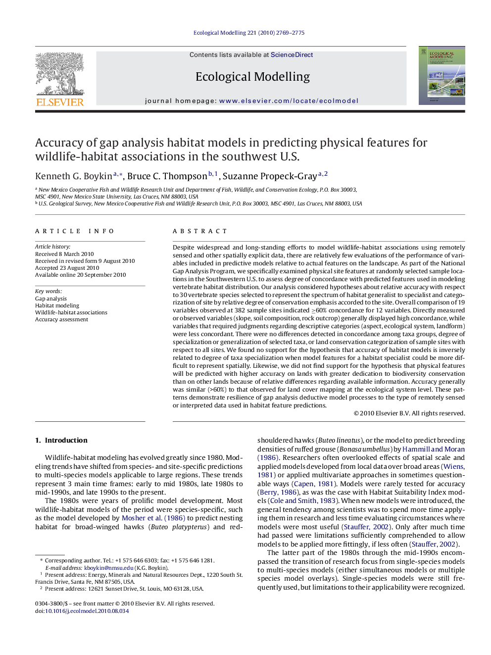 Accuracy of gap analysis habitat models in predicting physical features for wildlife-habitat associations in the southwest U.S.