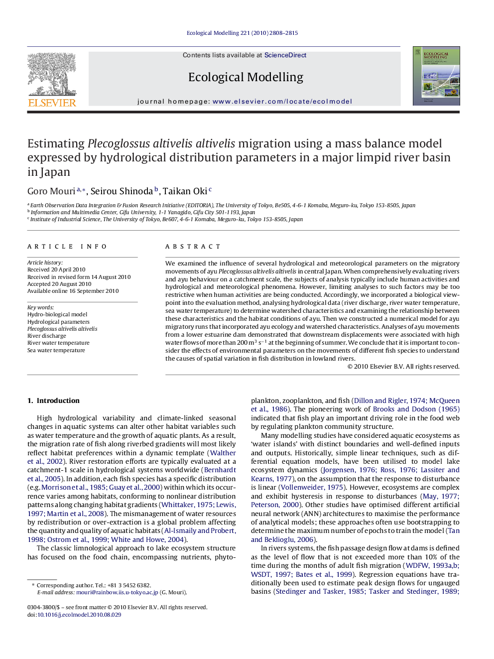 Estimating Plecoglossus altivelis altivelis migration using a mass balance model expressed by hydrological distribution parameters in a major limpid river basin in Japan