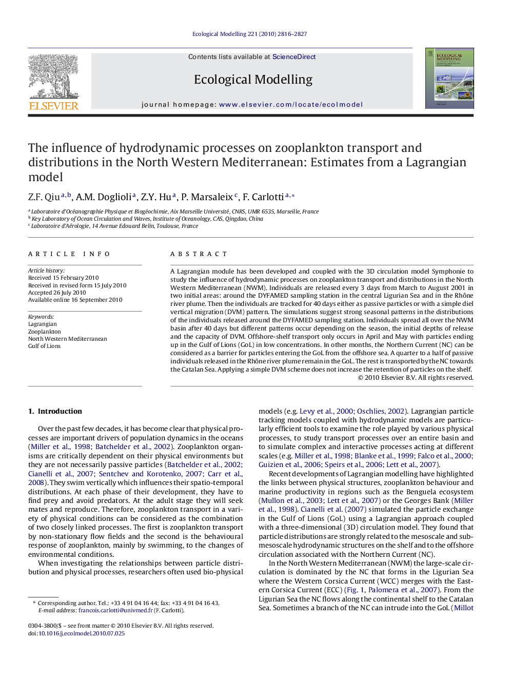 The influence of hydrodynamic processes on zooplankton transport and distributions in the North Western Mediterranean: Estimates from a Lagrangian model