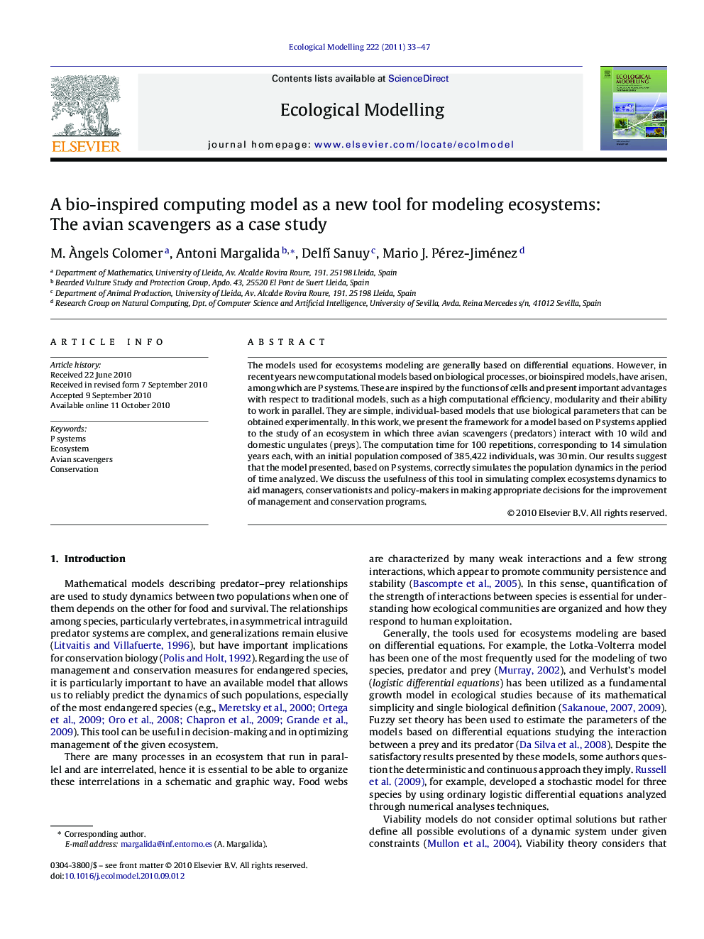 A bio-inspired computing model as a new tool for modeling ecosystems: The avian scavengers as a case study