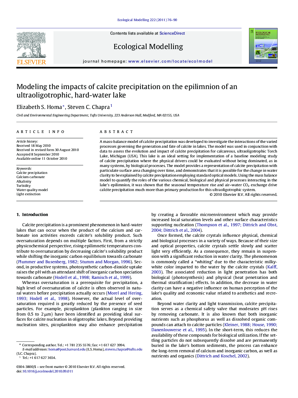 Modeling the impacts of calcite precipitation on the epilimnion of an ultraoligotrophic, hard-water lake