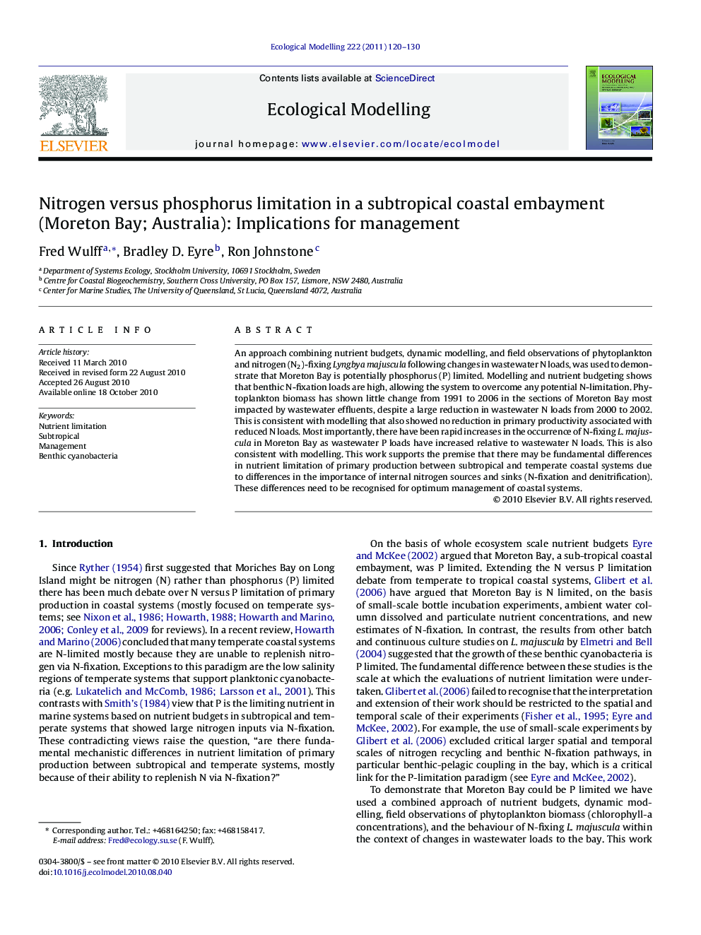 Nitrogen versus phosphorus limitation in a subtropical coastal embayment (Moreton Bay; Australia): Implications for management