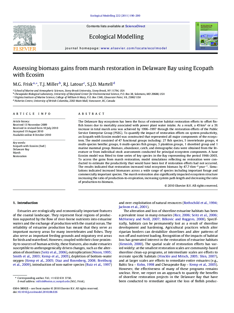 Assessing biomass gains from marsh restoration in Delaware Bay using Ecopath with Ecosim