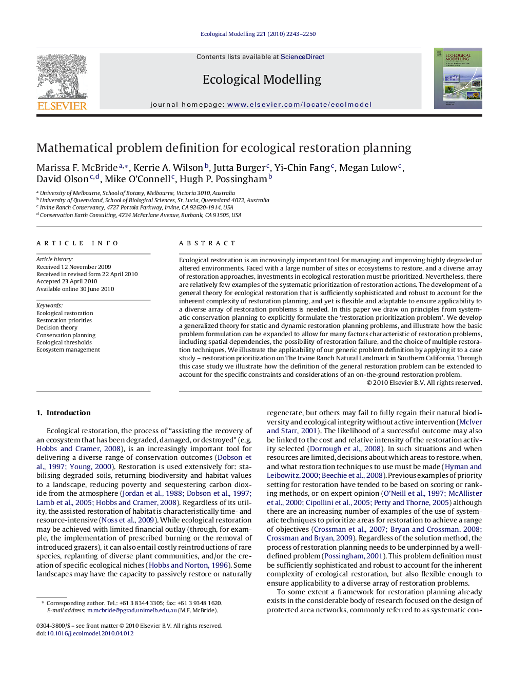 Mathematical problem definition for ecological restoration planning