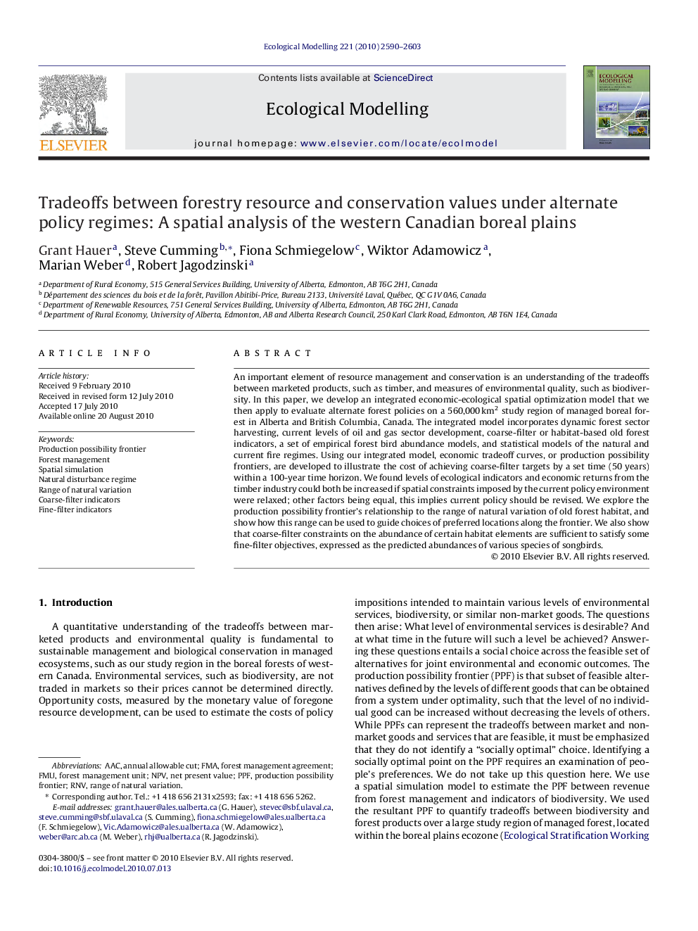 Tradeoffs between forestry resource and conservation values under alternate policy regimes: A spatial analysis of the western Canadian boreal plains