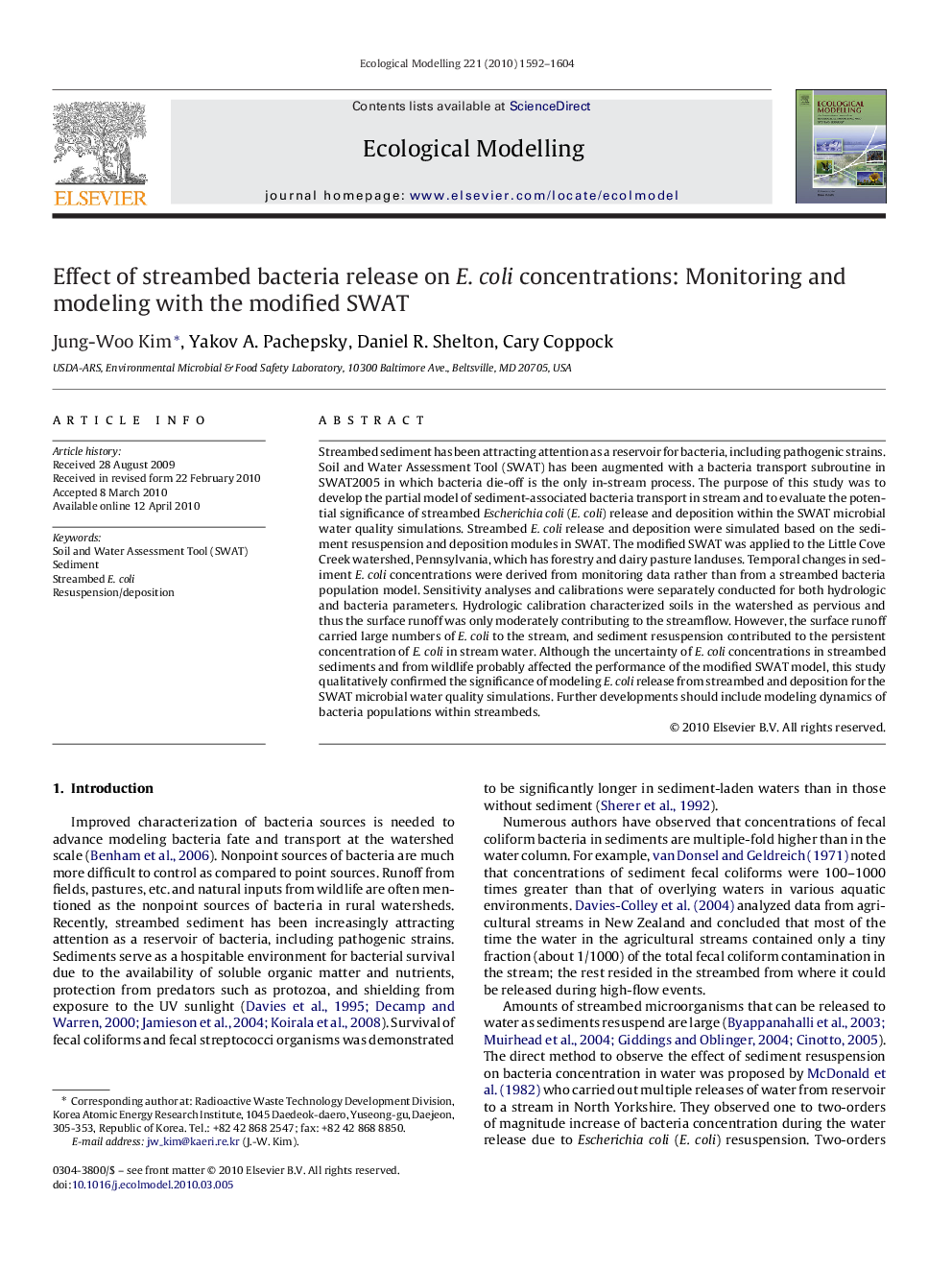 Effect of streambed bacteria release on E. coli concentrations: Monitoring and modeling with the modified SWAT