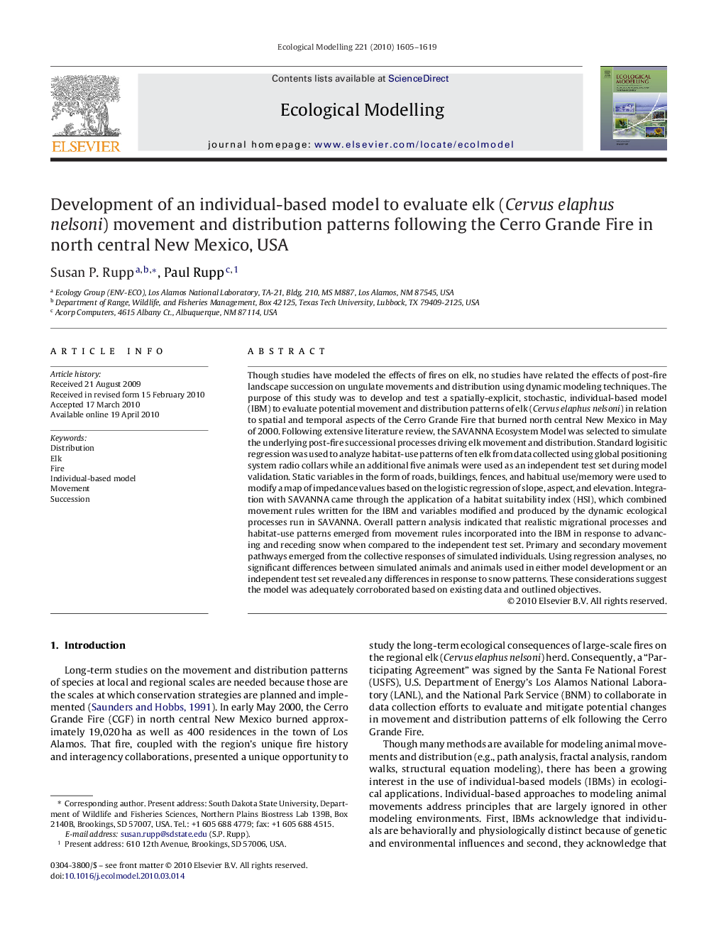 Development of an individual-based model to evaluate elk (Cervus elaphus nelsoni) movement and distribution patterns following the Cerro Grande Fire in north central New Mexico, USA