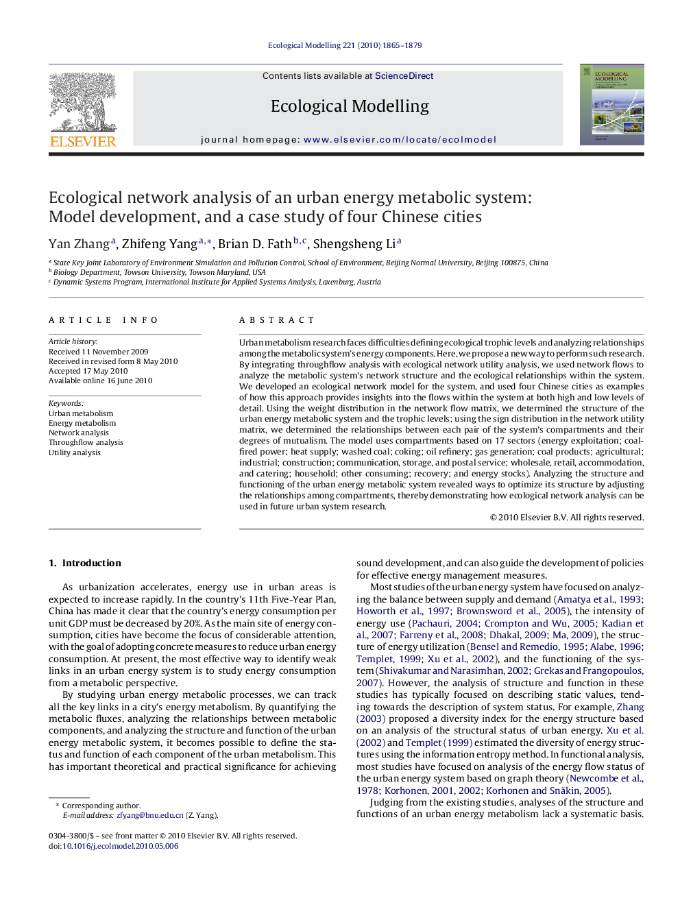 Ecological network analysis of an urban energy metabolic system: Model development, and a case study of four Chinese cities