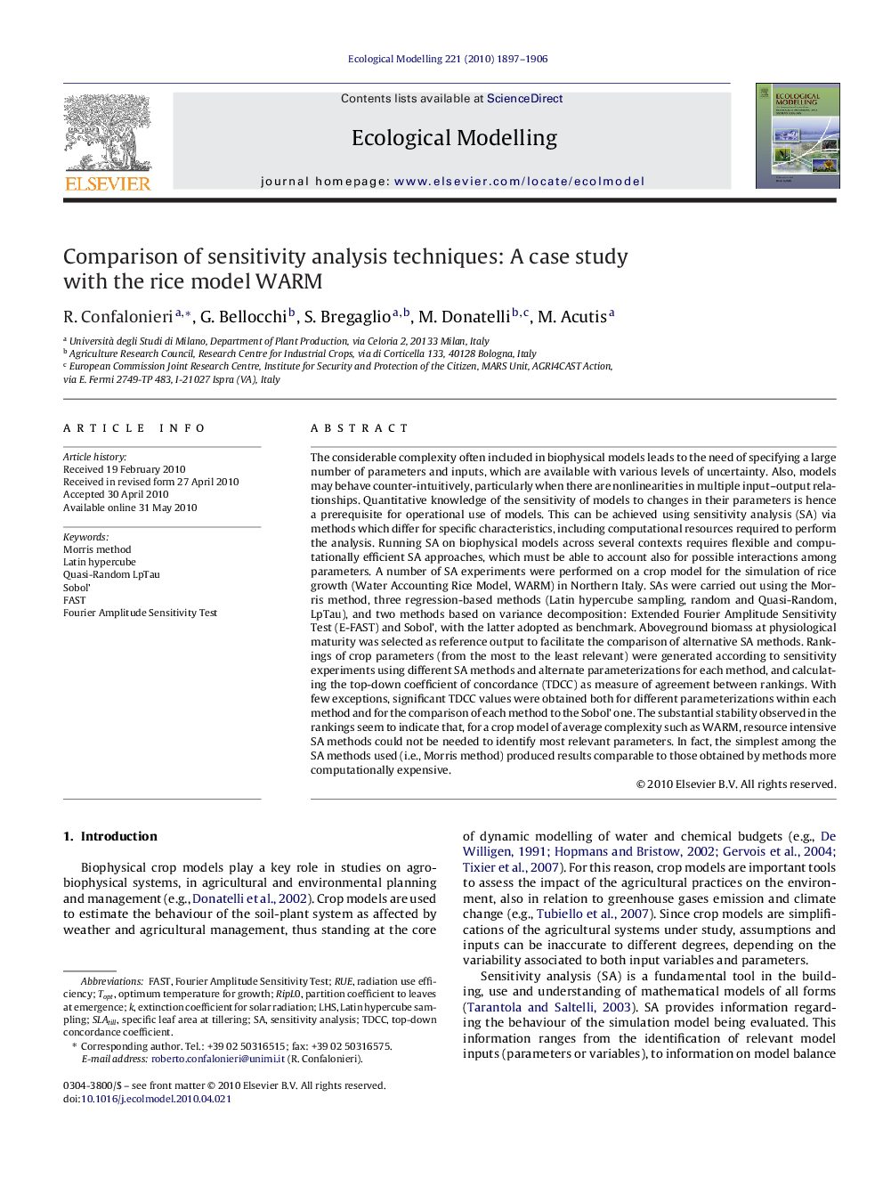 Comparison of sensitivity analysis techniques: A case study with the rice model WARM