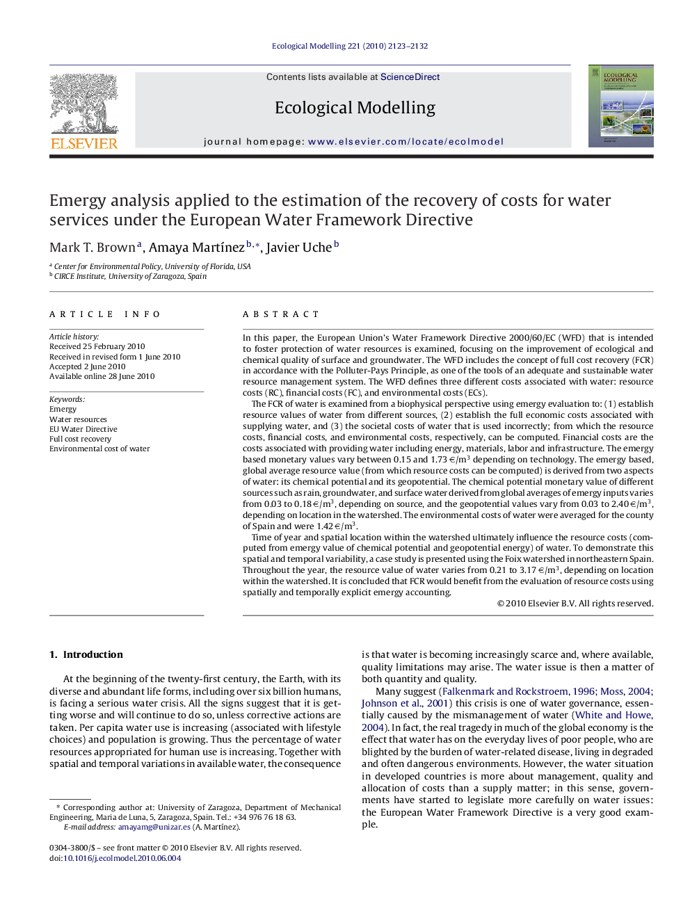 Emergy analysis applied to the estimation of the recovery of costs for water services under the European Water Framework Directive