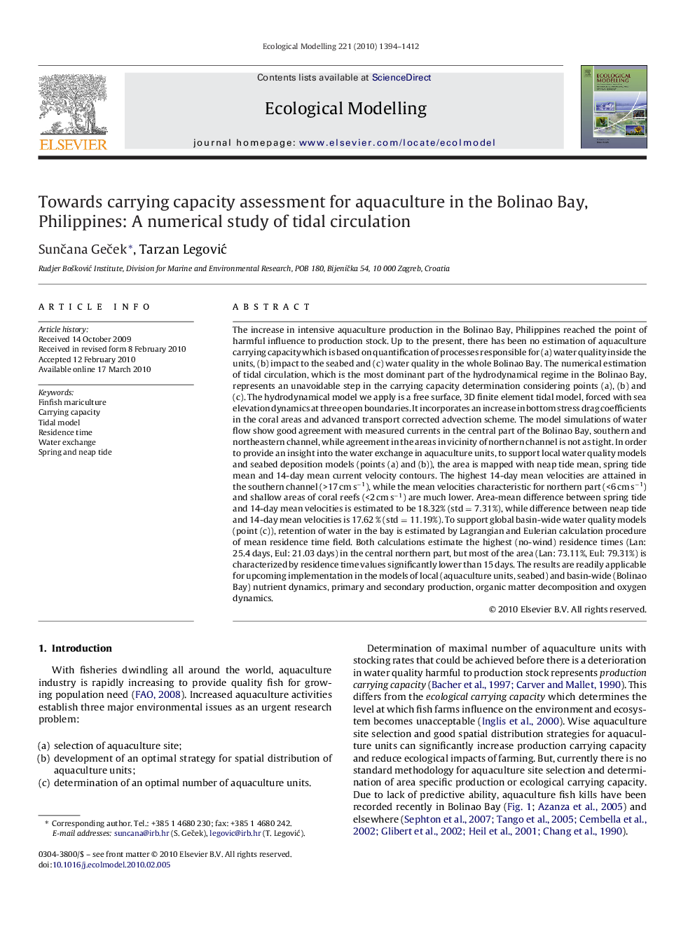 Towards carrying capacity assessment for aquaculture in the Bolinao Bay, Philippines: A numerical study of tidal circulation