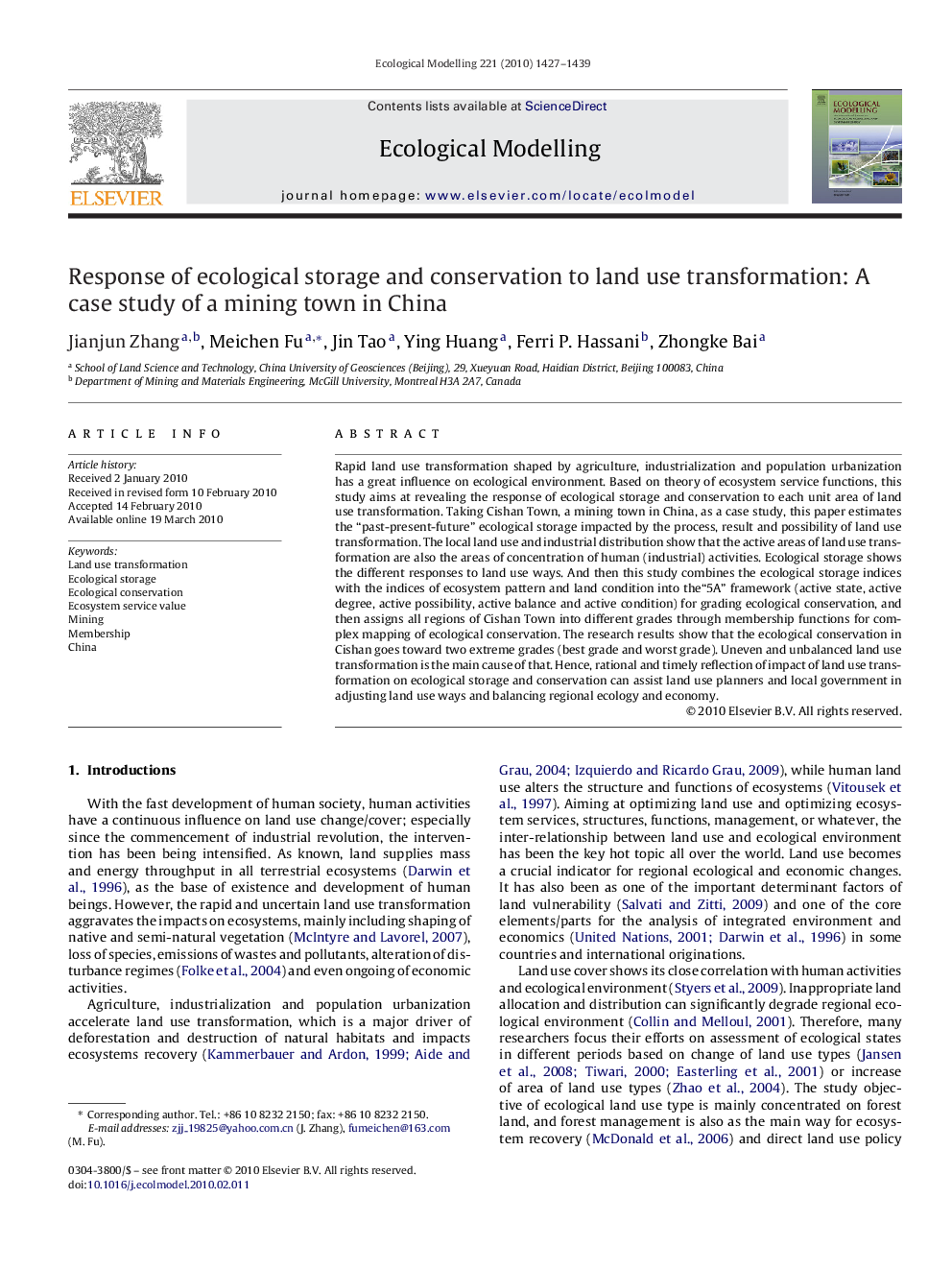 Response of ecological storage and conservation to land use transformation: A case study of a mining town in China