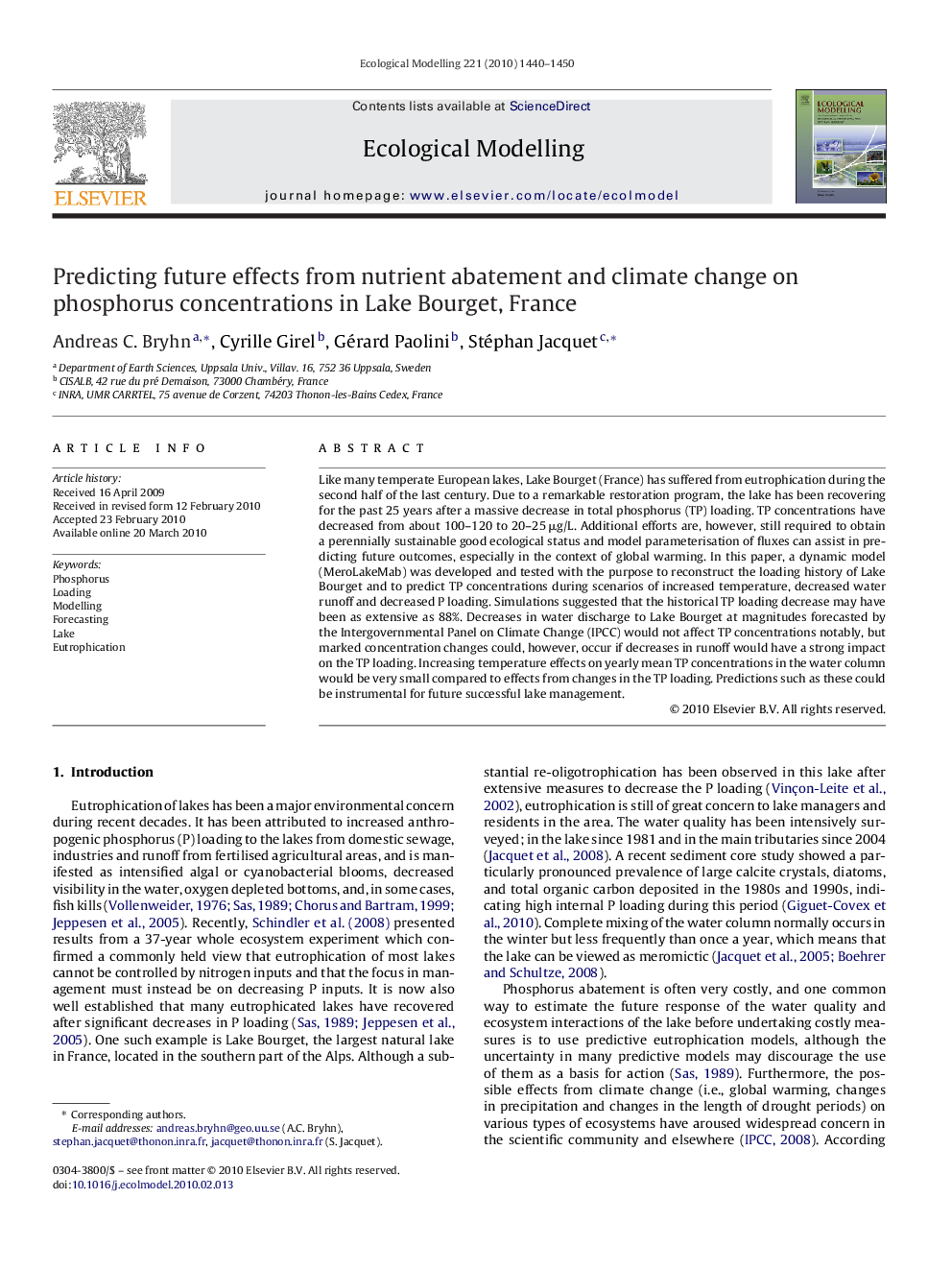 Predicting future effects from nutrient abatement and climate change on phosphorus concentrations in Lake Bourget, France