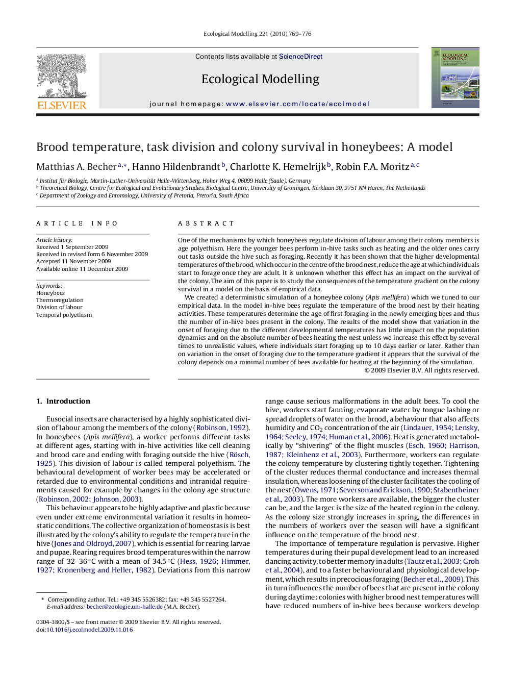 Brood temperature, task division and colony survival in honeybees: A model