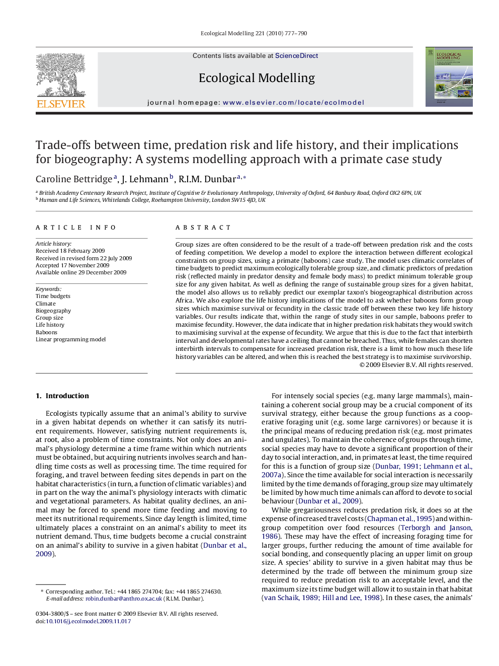 Trade-offs between time, predation risk and life history, and their implications for biogeography: A systems modelling approach with a primate case study