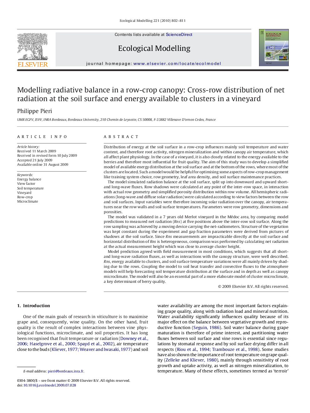 Modelling radiative balance in a row-crop canopy: Cross-row distribution of net radiation at the soil surface and energy available to clusters in a vineyard