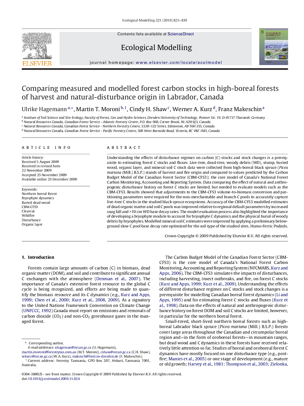 Comparing measured and modelled forest carbon stocks in high-boreal forests of harvest and natural-disturbance origin in Labrador, Canada