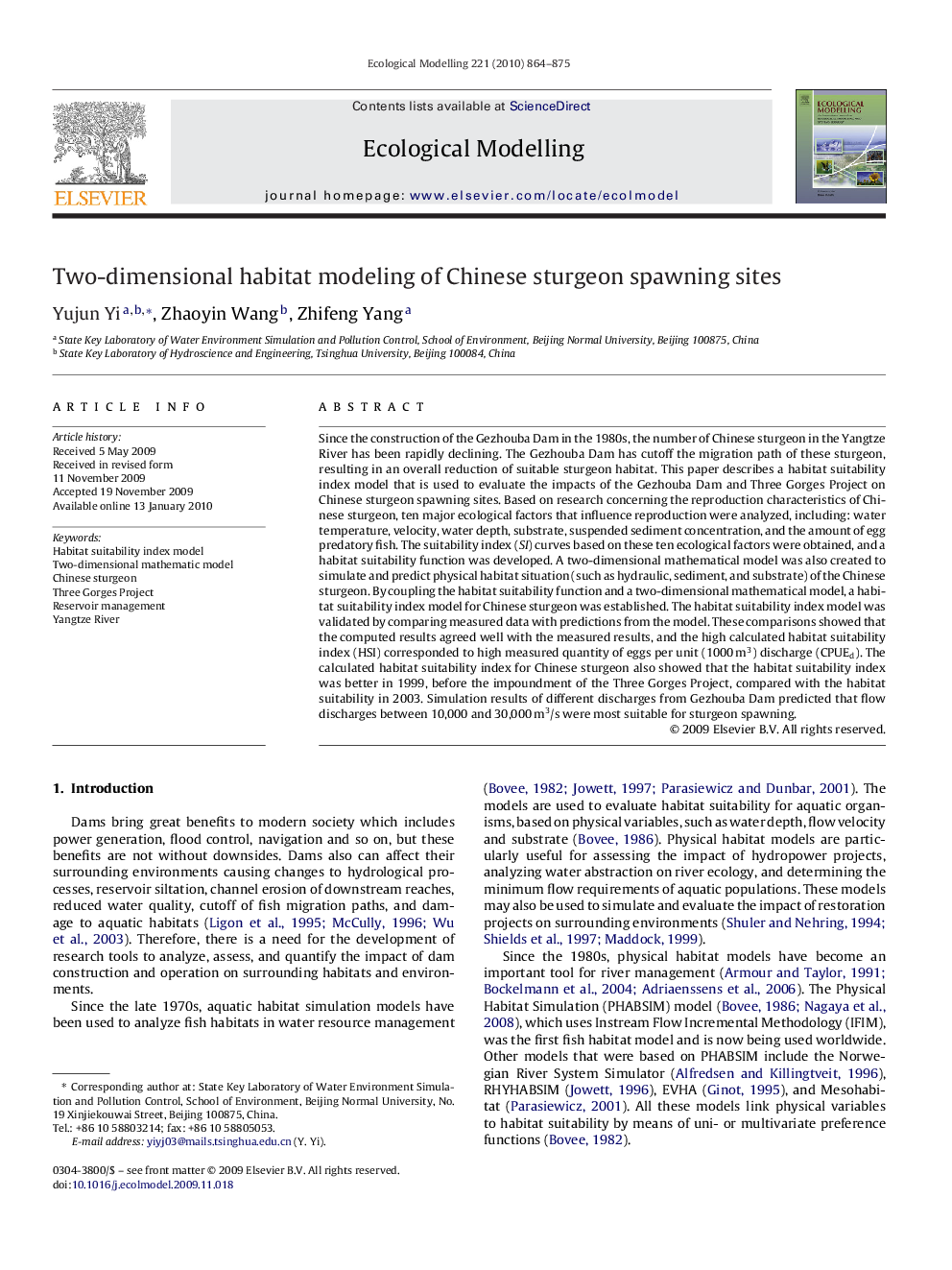 Two-dimensional habitat modeling of Chinese sturgeon spawning sites