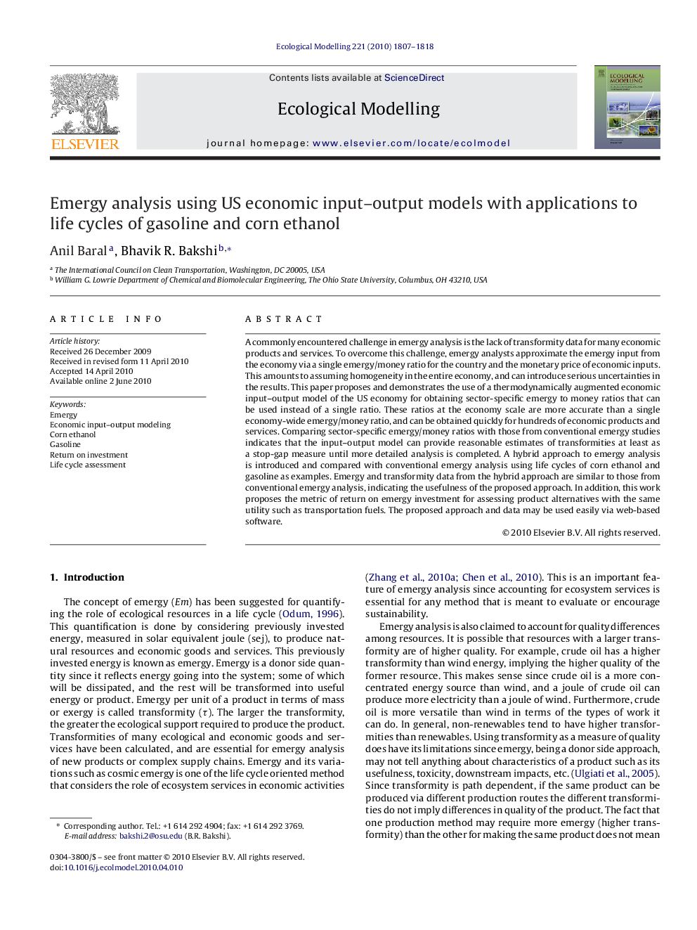 Emergy analysis using US economic input–output models with applications to life cycles of gasoline and corn ethanol