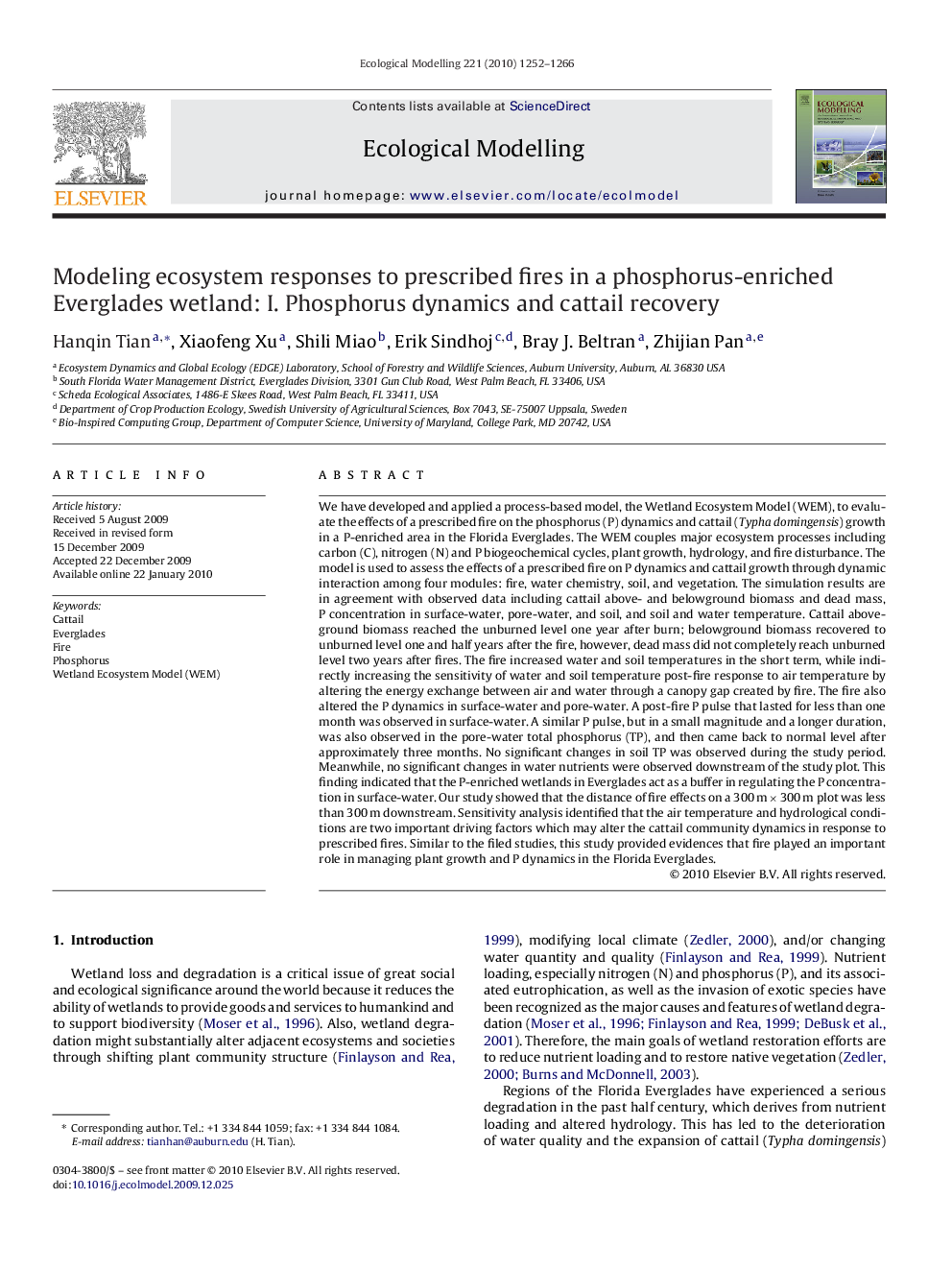 Modeling ecosystem responses to prescribed fires in a phosphorus-enriched Everglades wetland: I. Phosphorus dynamics and cattail recovery