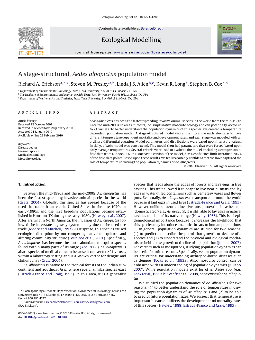 A stage-structured, Aedes albopictus population model