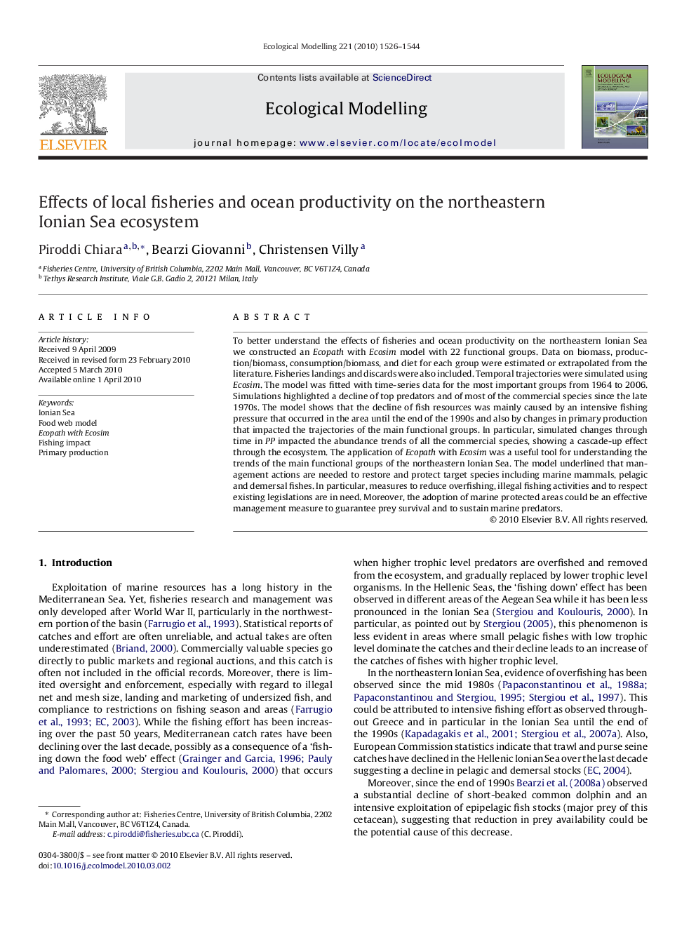 Effects of local fisheries and ocean productivity on the northeastern Ionian Sea ecosystem