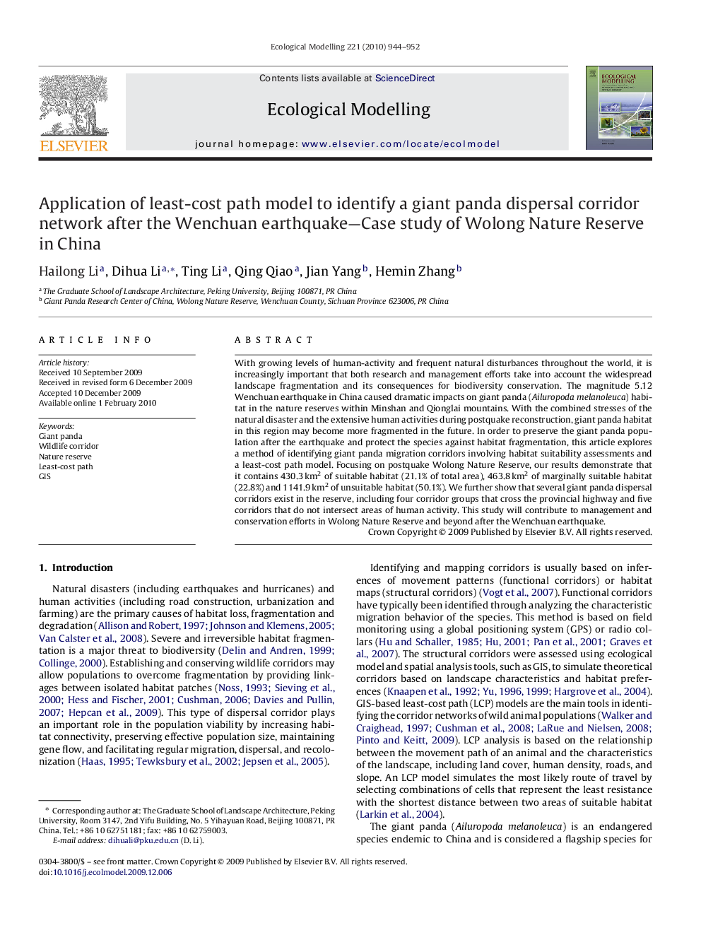 Application of least-cost path model to identify a giant panda dispersal corridor network after the Wenchuan earthquake-Case study of Wolong Nature Reserve in China