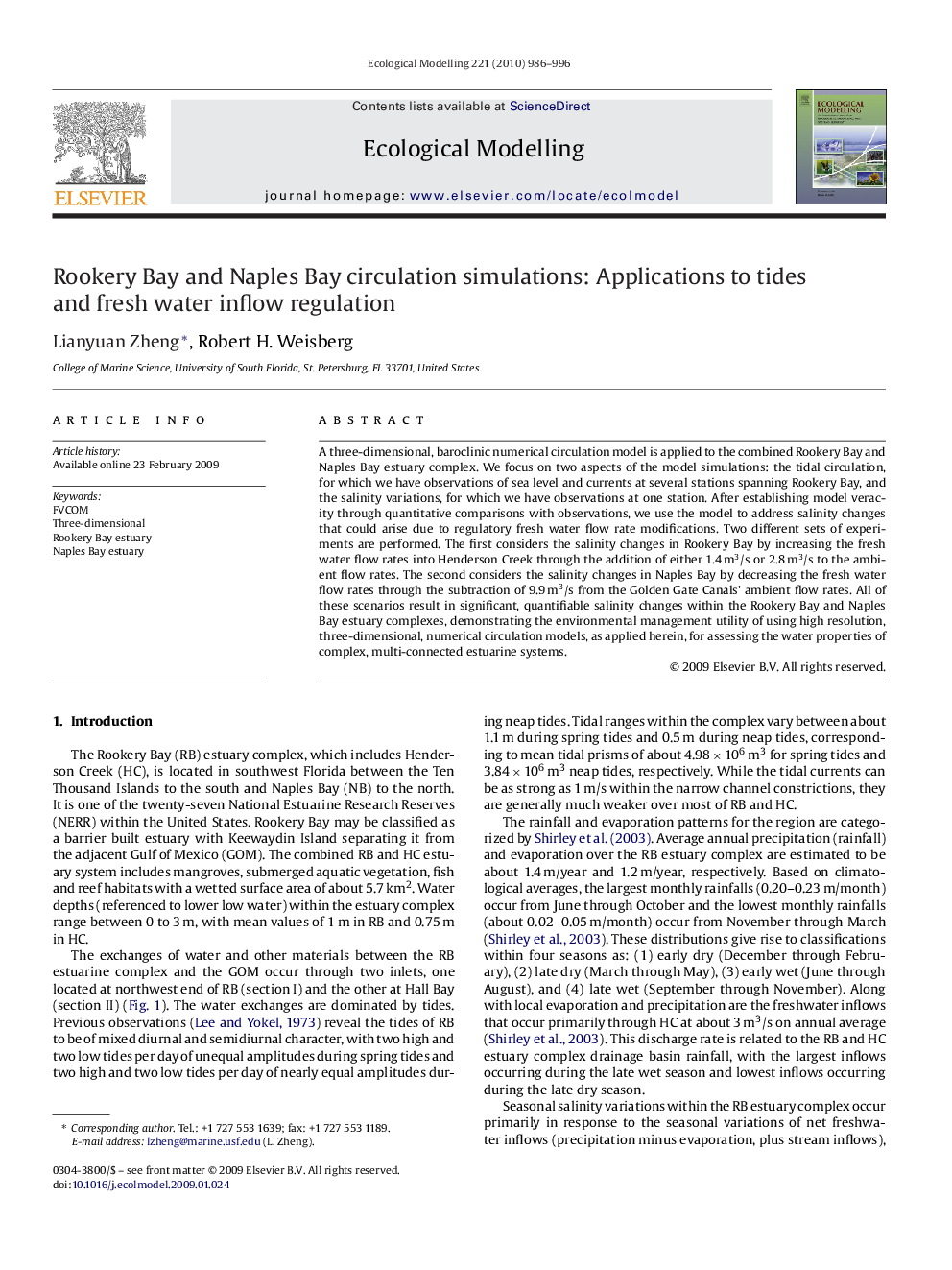 Rookery Bay and Naples Bay circulation simulations: Applications to tides and fresh water inflow regulation