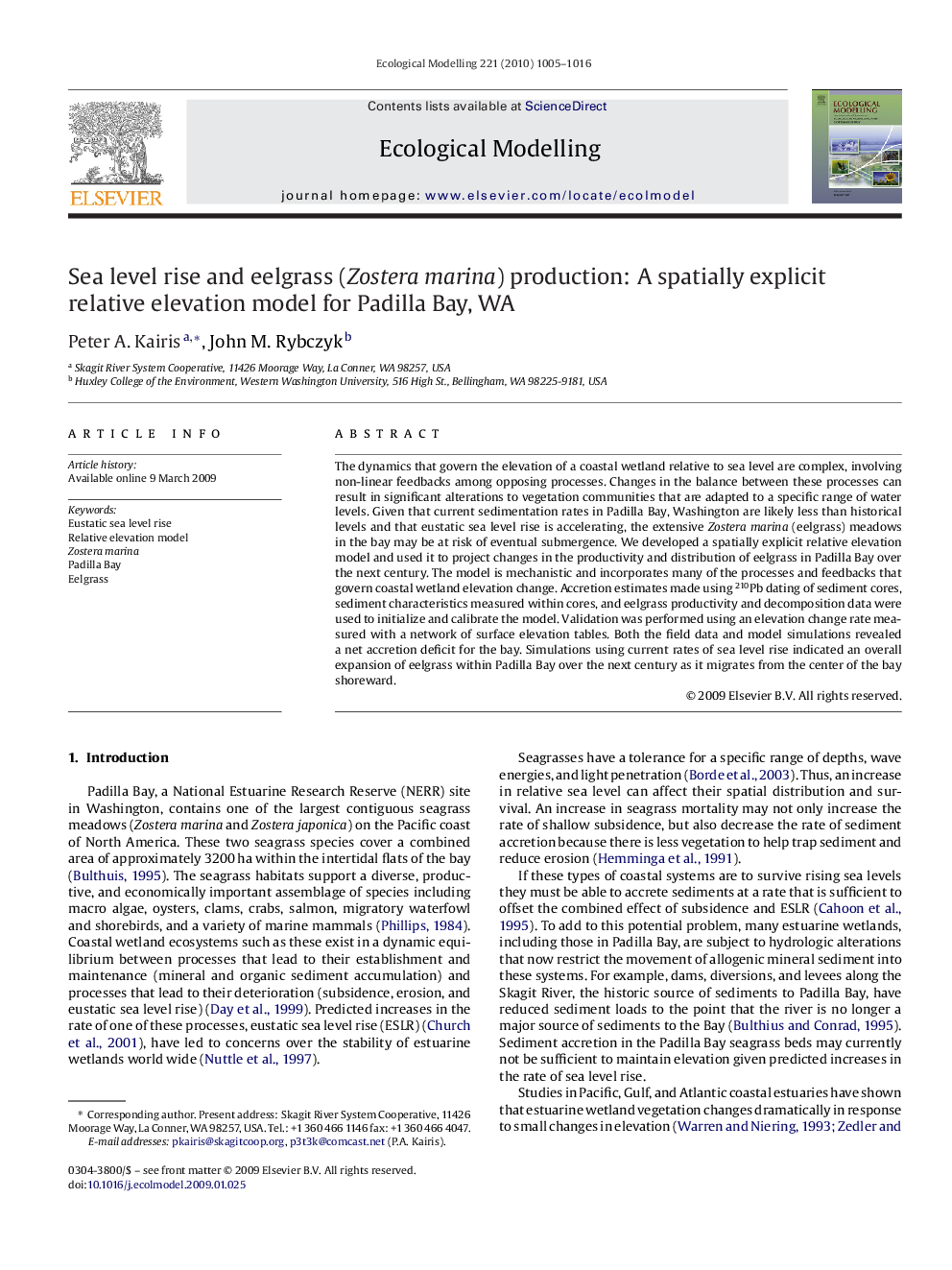 Sea level rise and eelgrass (Zostera marina) production: A spatially explicit relative elevation model for Padilla Bay, WA