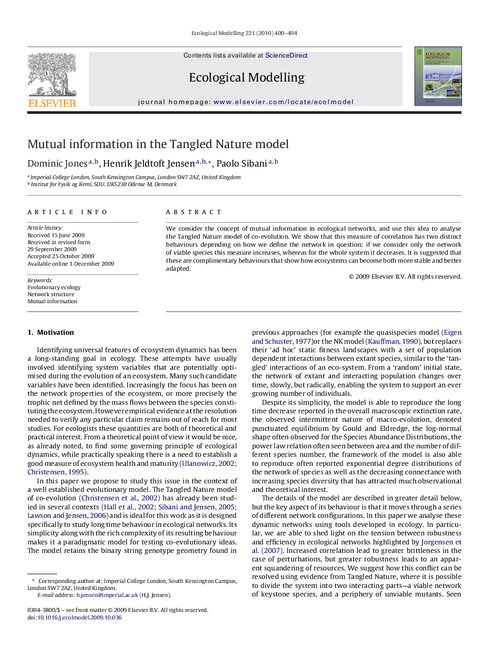 Mutual information in the Tangled Nature model