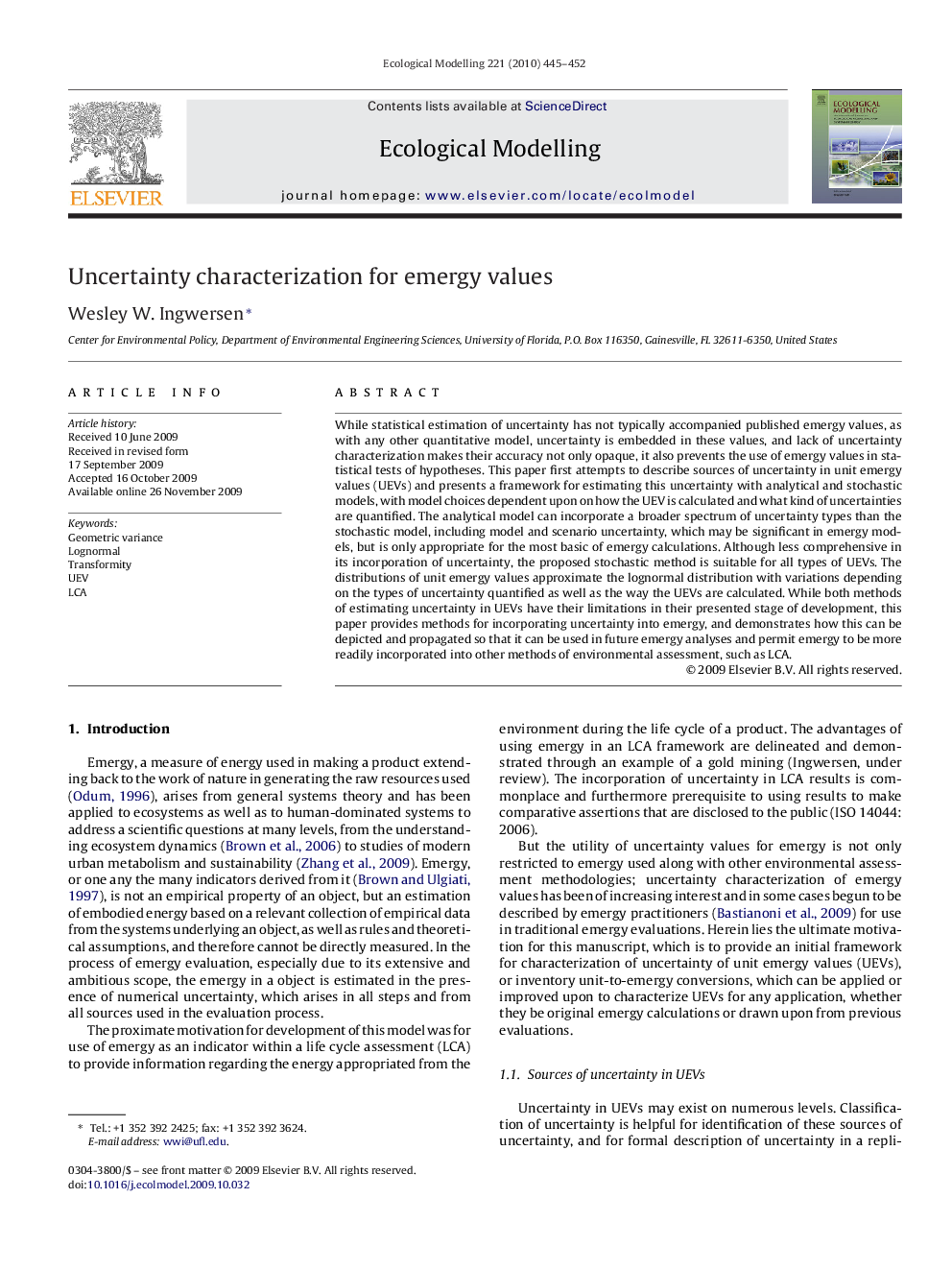 Uncertainty characterization for emergy values