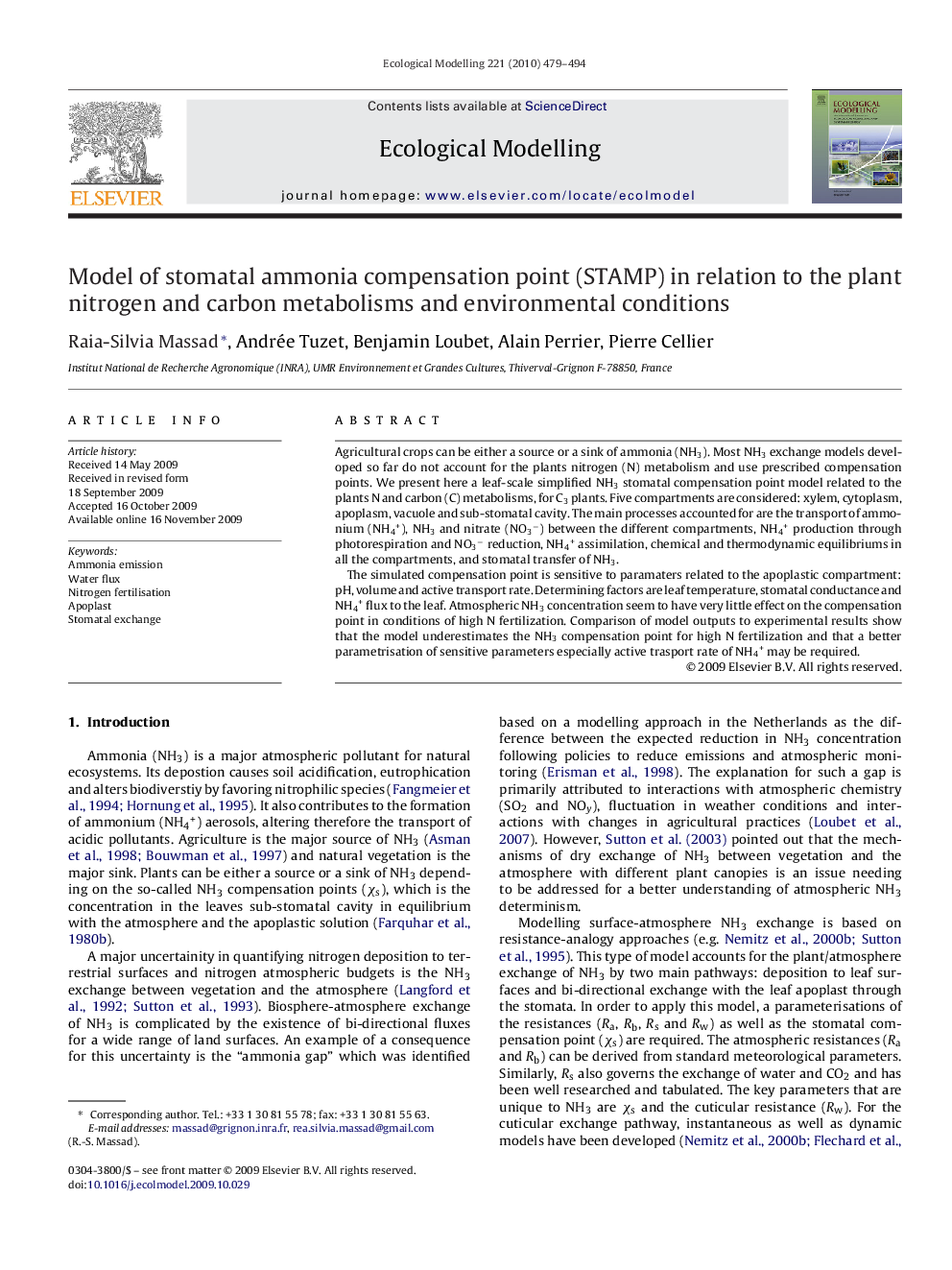 Model of stomatal ammonia compensation point (STAMP) in relation to the plant nitrogen and carbon metabolisms and environmental conditions