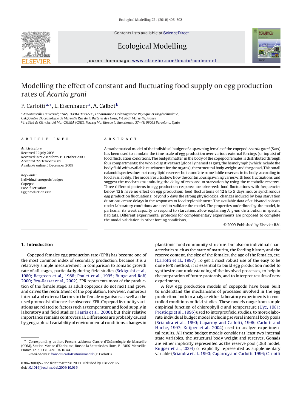 Modelling the effect of constant and fluctuating food supply on egg production rates of Acartia grani