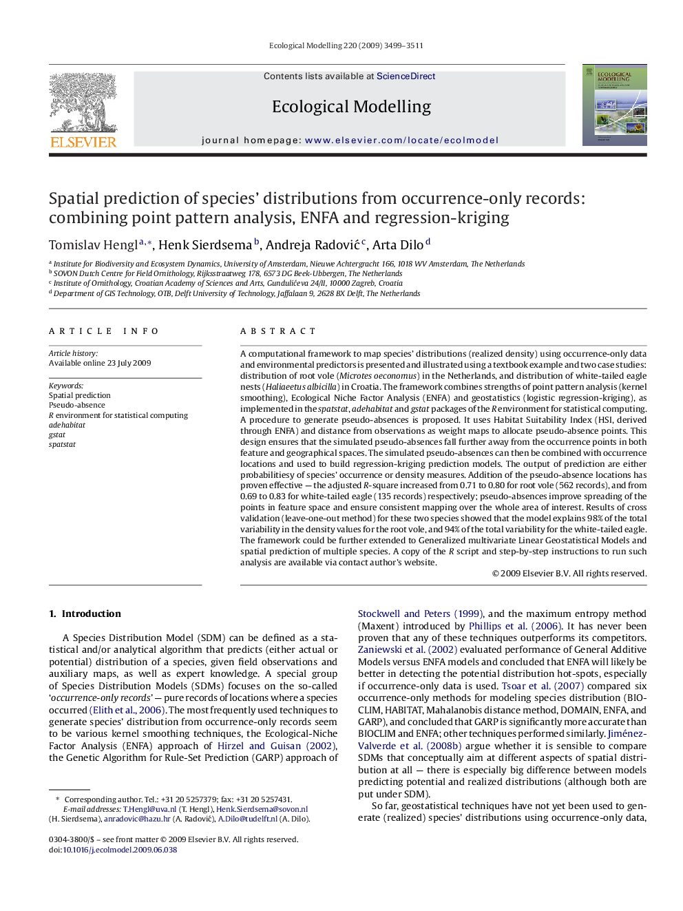 Spatial prediction of species' distributions from occurrence-only records: combining point pattern analysis, ENFA and regression-kriging