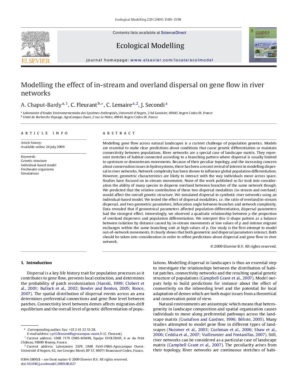 Modelling the effect of in-stream and overland dispersal on gene flow in river networks