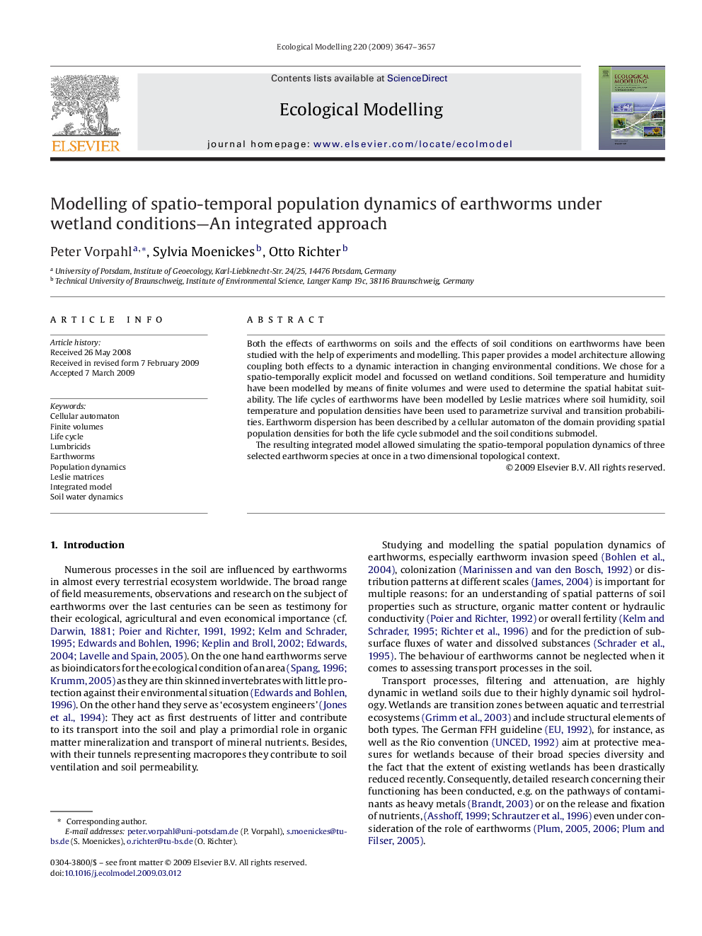 Modelling of spatio-temporal population dynamics of earthworms under wetland conditions—An integrated approach