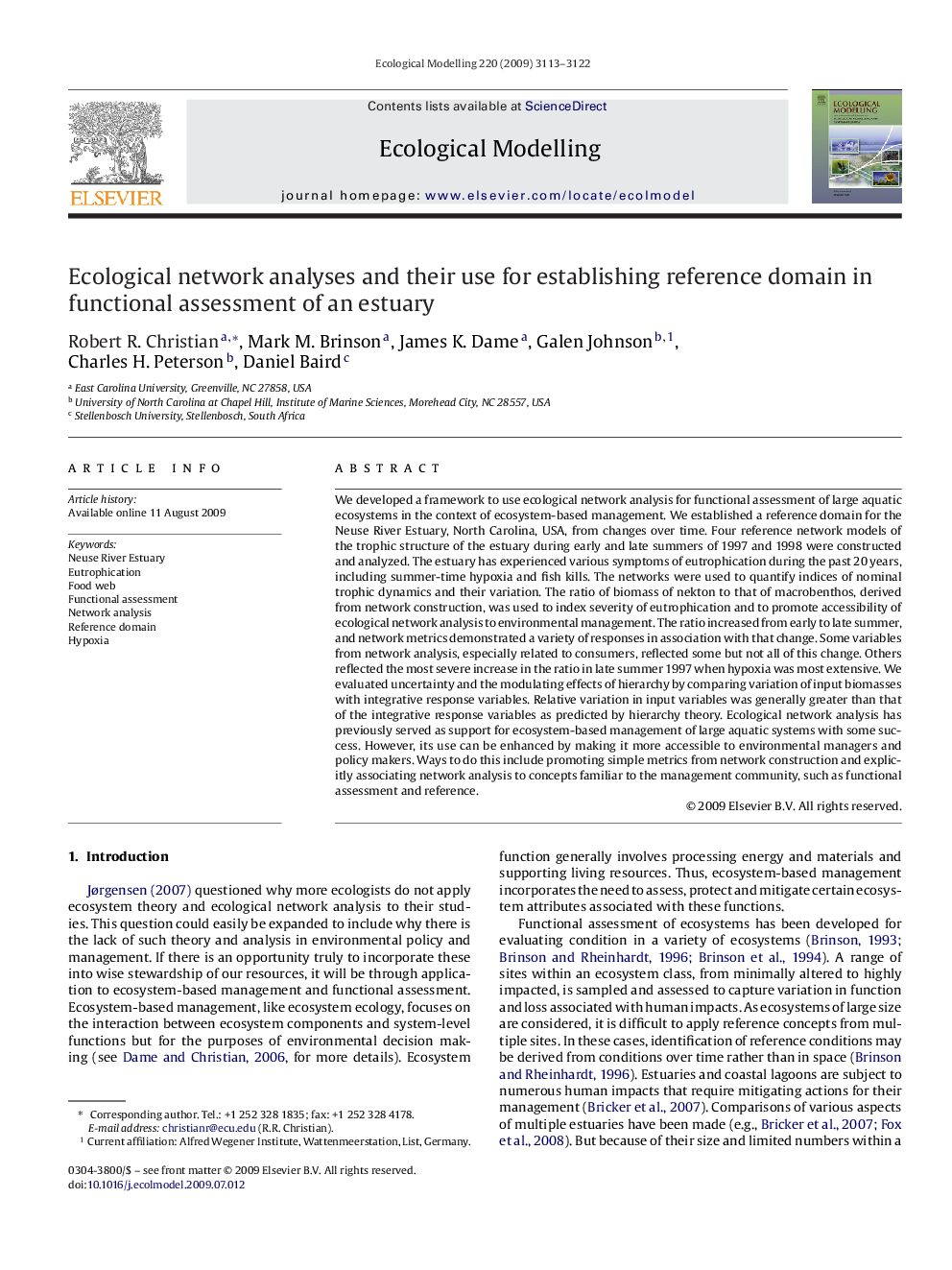 Ecological network analyses and their use for establishing reference domain in functional assessment of an estuary