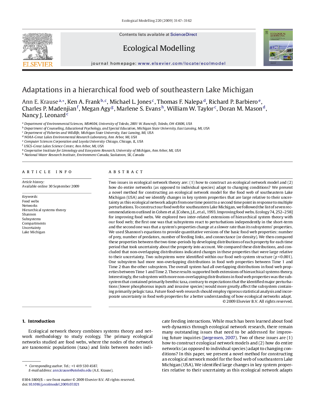 Adaptations in a hierarchical food web of southeastern Lake Michigan