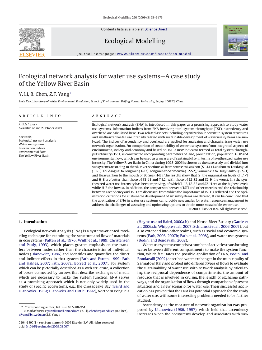 Ecological network analysis for water use systems-A case study of the Yellow River Basin