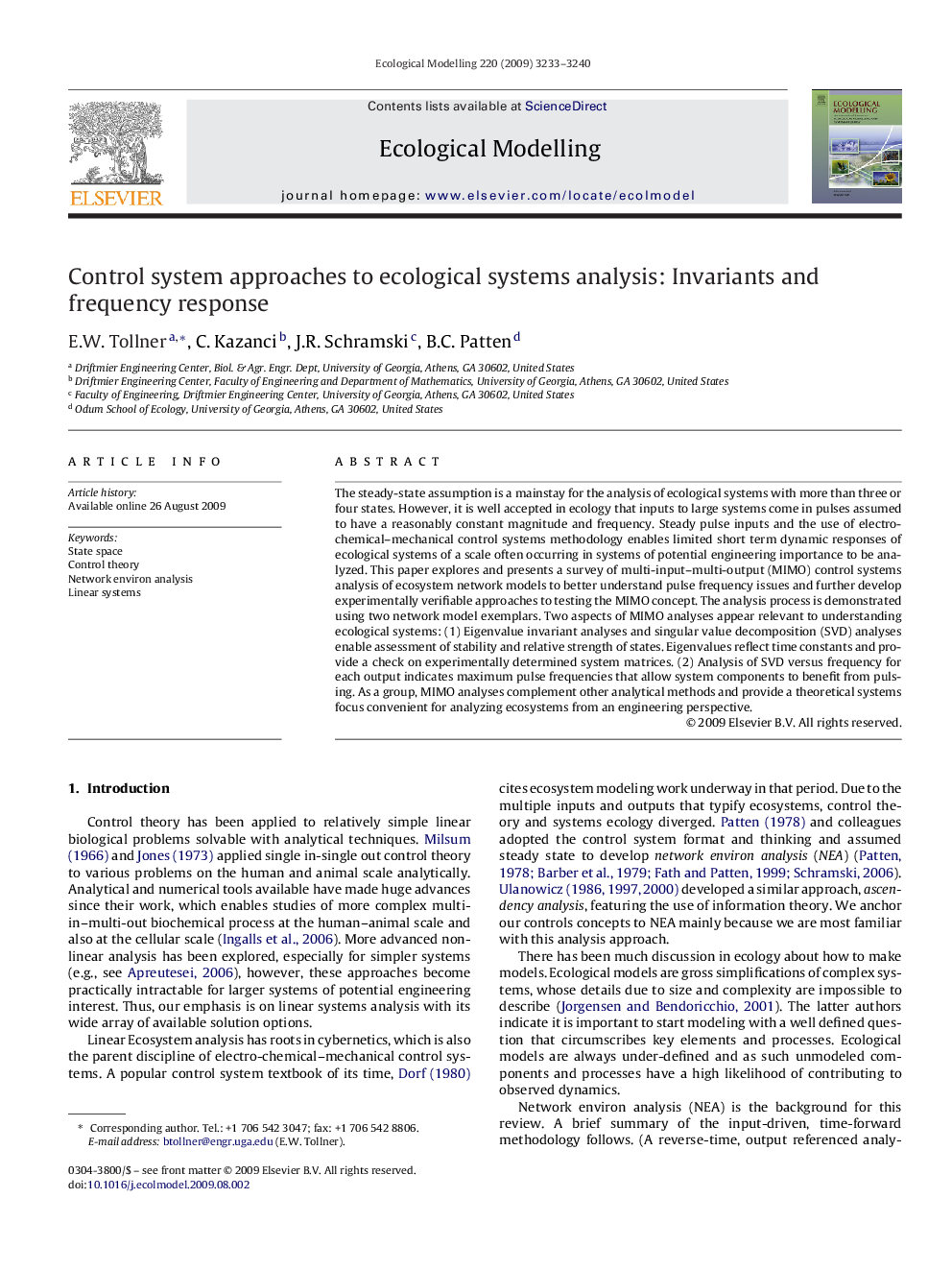 Control system approaches to ecological systems analysis: Invariants and frequency response