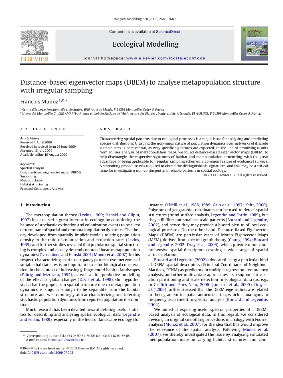 Distance-based eigenvector maps (DBEM) to analyse metapopulation structure with irregular sampling