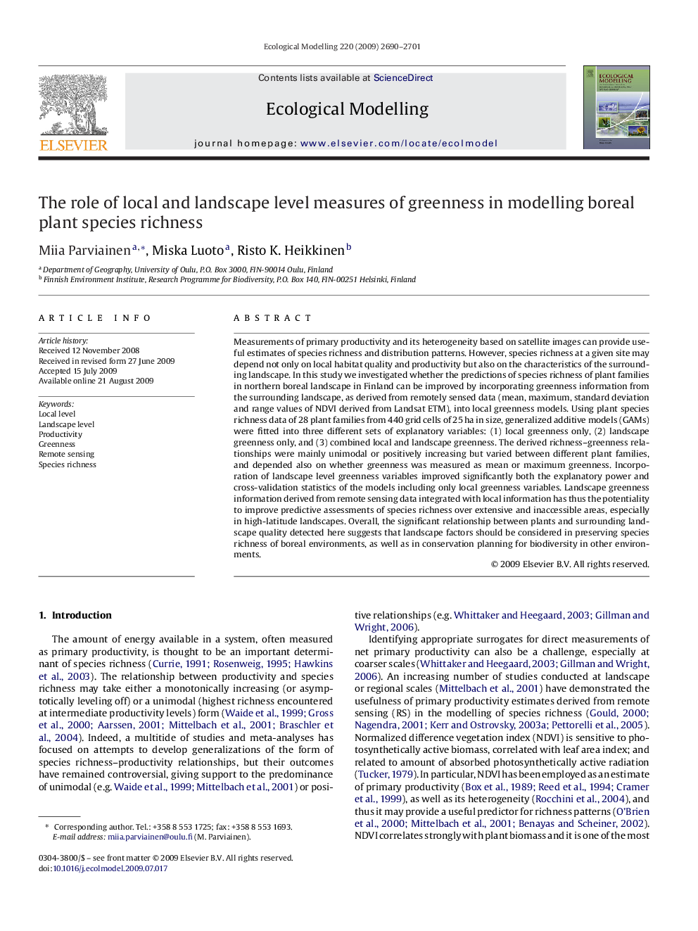 The role of local and landscape level measures of greenness in modelling boreal plant species richness