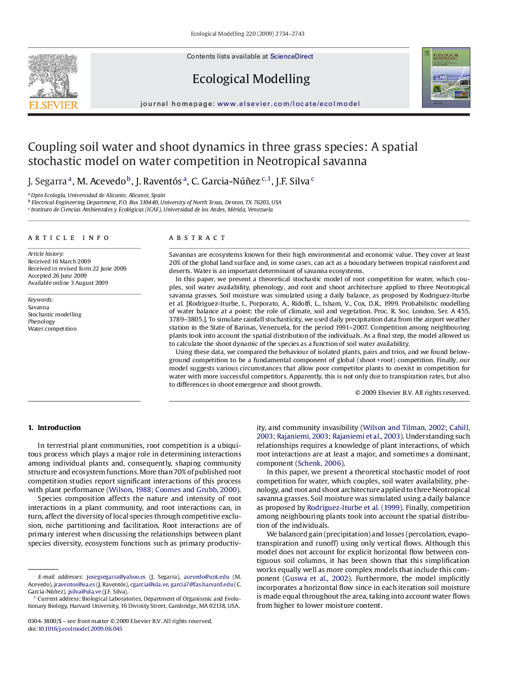 Coupling soil water and shoot dynamics in three grass species: A spatial stochastic model on water competition in Neotropical savanna