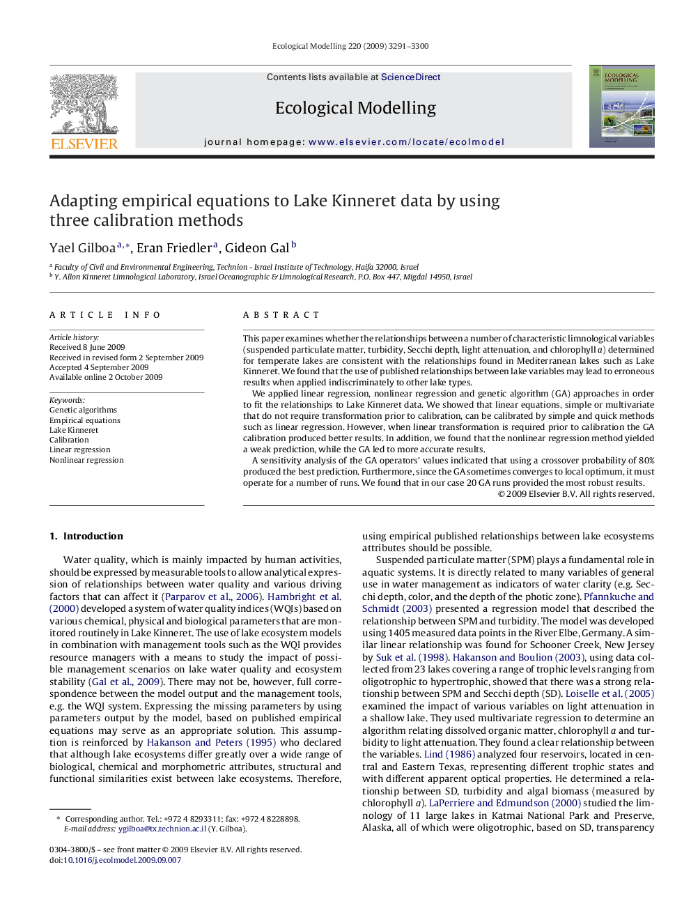 Adapting empirical equations to Lake Kinneret data by using three calibration methods