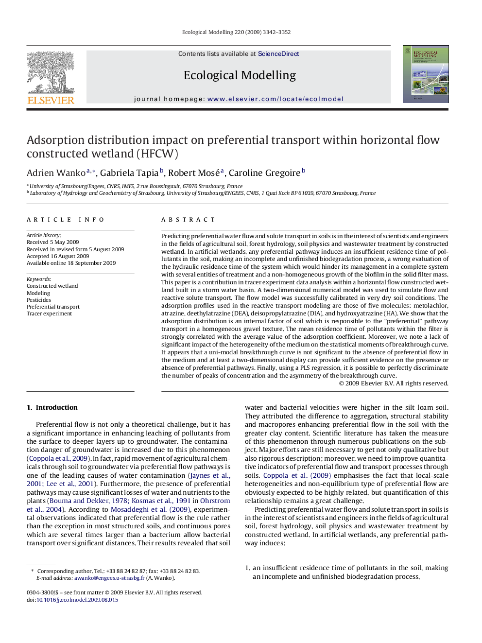 Adsorption distribution impact on preferential transport within horizontal flow constructed wetland (HFCW)