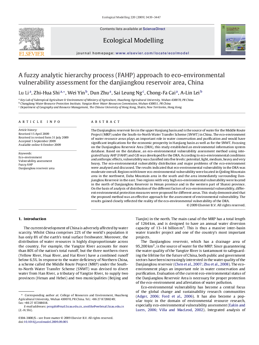 A fuzzy analytic hierarchy process (FAHP) approach to eco-environmental vulnerability assessment for the danjiangkou reservoir area, China