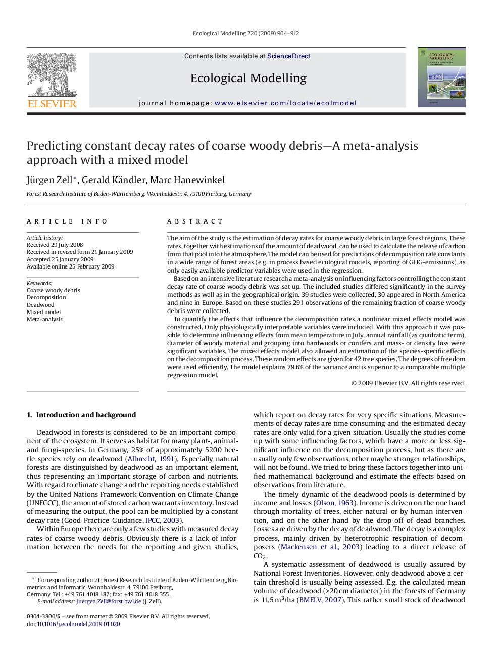 Predicting constant decay rates of coarse woody debris—A meta-analysis approach with a mixed model