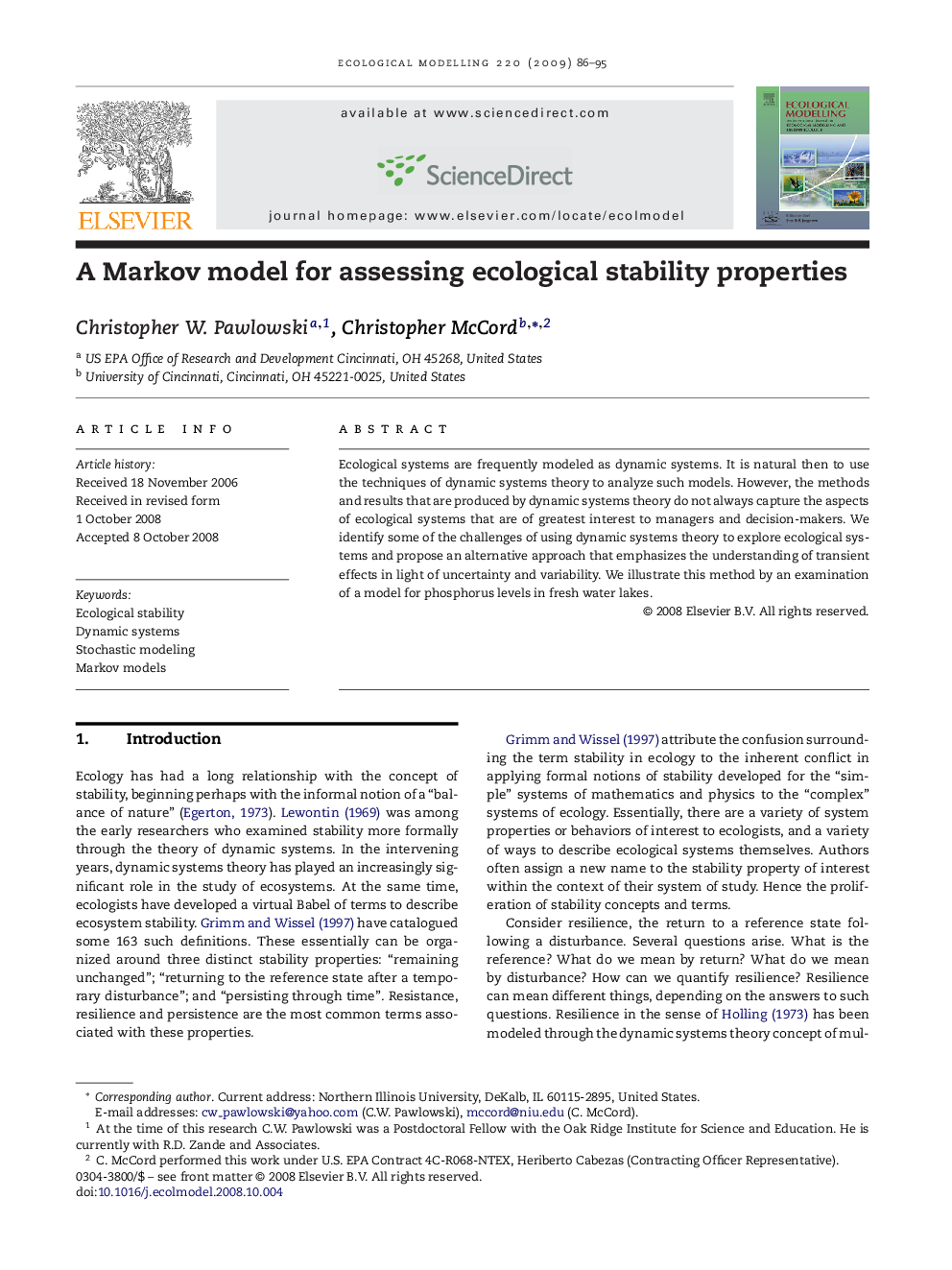 A Markov model for assessing ecological stability properties